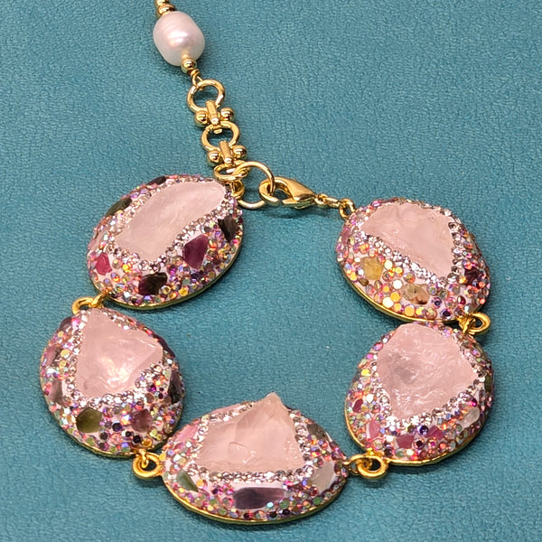 Rose Quartz, Austrian Crystals and  Tourmaline Statement Bracelet