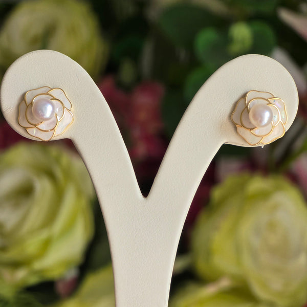White Pearl Earrings with shell flower design