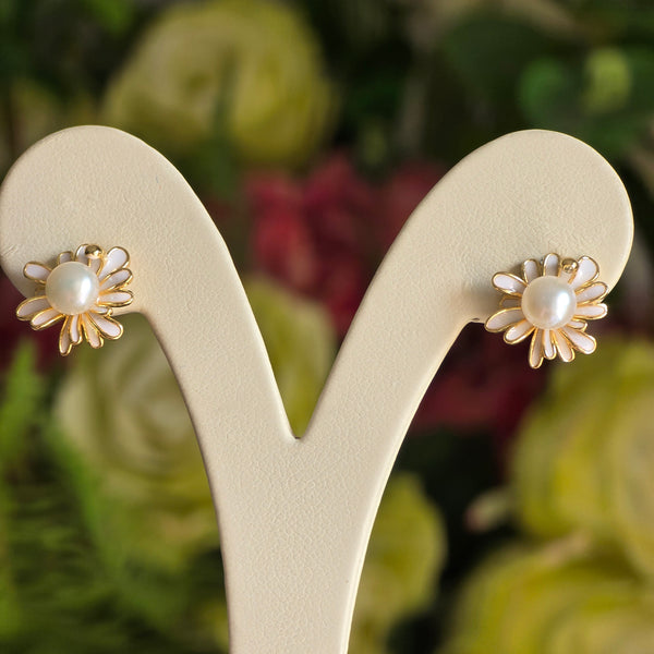 White Pearl Earrings with enamel daisy design