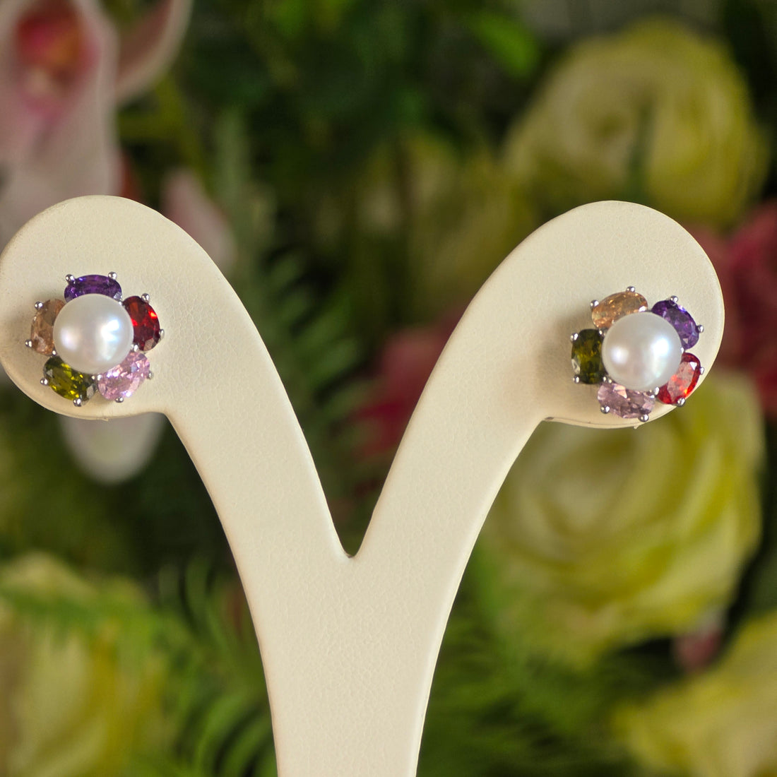 White Pearl Earrings with multicolour cz crystals