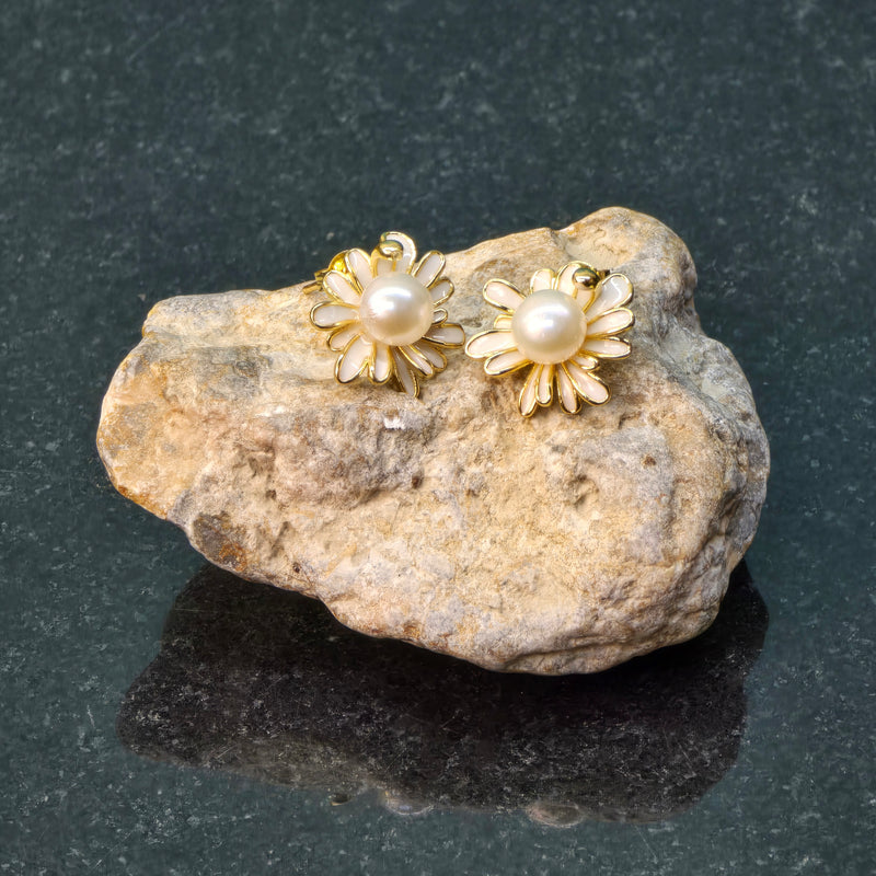 White Pearl Earrings with enamel daisy design