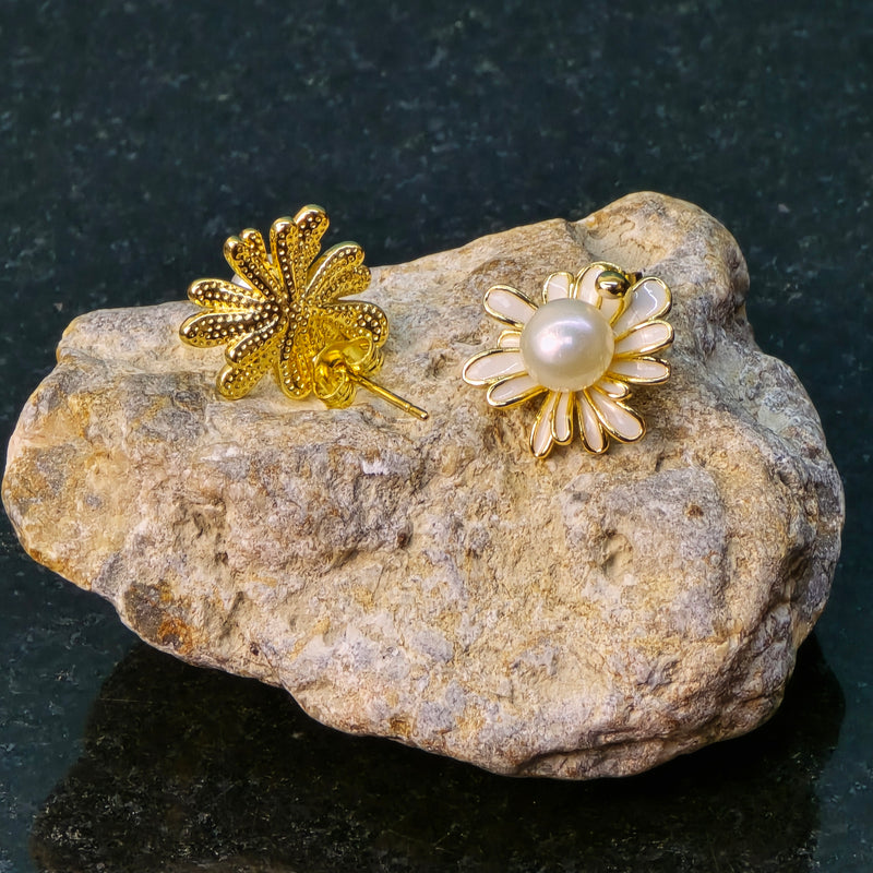 White Pearl Earrings with enamel daisy design
