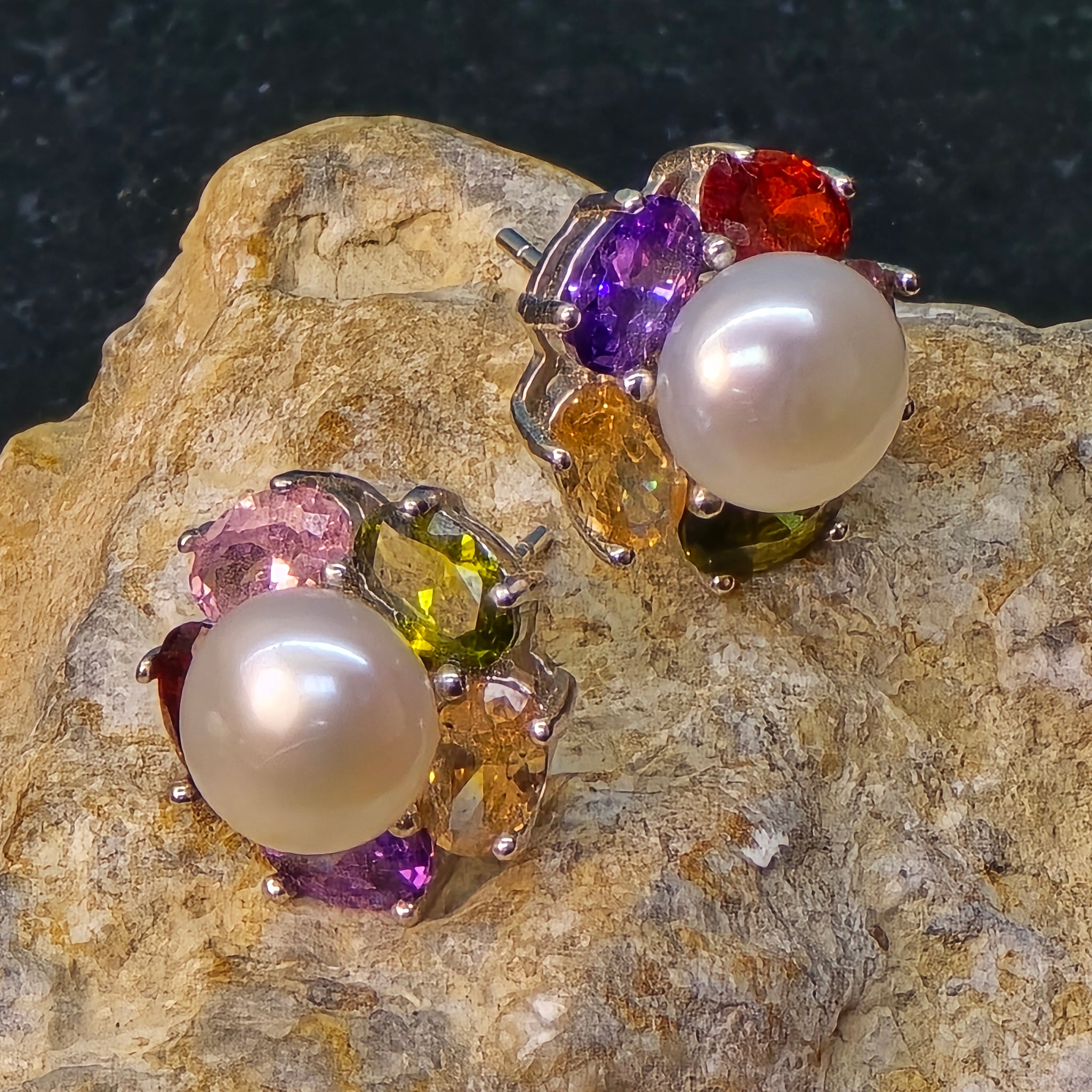 White Pearl Earrings with multicolour cz crystals