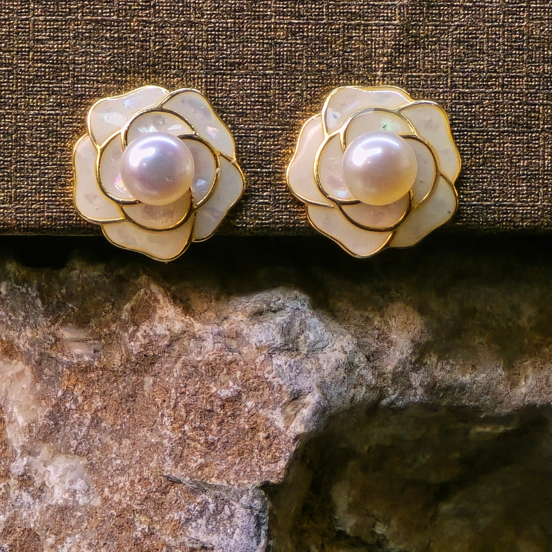White Pearl Earrings with shell flower design