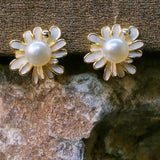 White Pearl Earrings with enamel daisy design