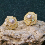 White Pearl Earrings with shell flower design