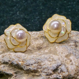 White Pearl Earrings with shell flower design