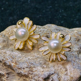 White Pearl Earrings with enamel daisy design