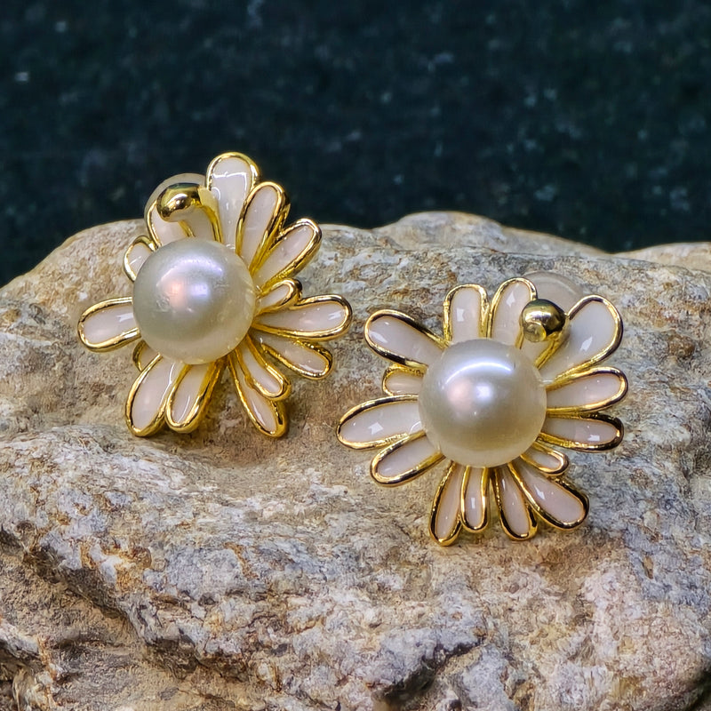 White Pearl Earrings with enamel daisy design
