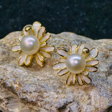 White Pearl Earrings with enamel daisy design