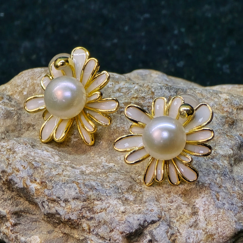 White Pearl Earrings with enamel daisy design
