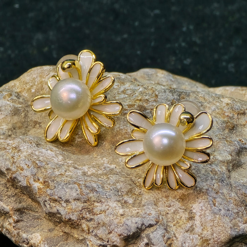 White Pearl Earrings with enamel daisy design
