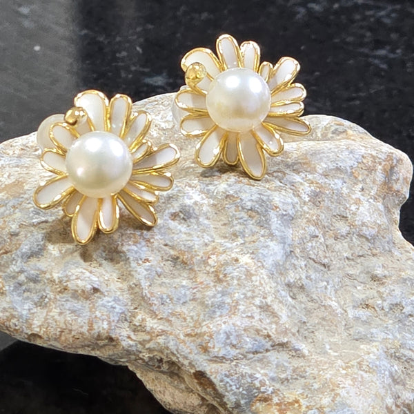 White Pearl Earrings with enamel daisy design