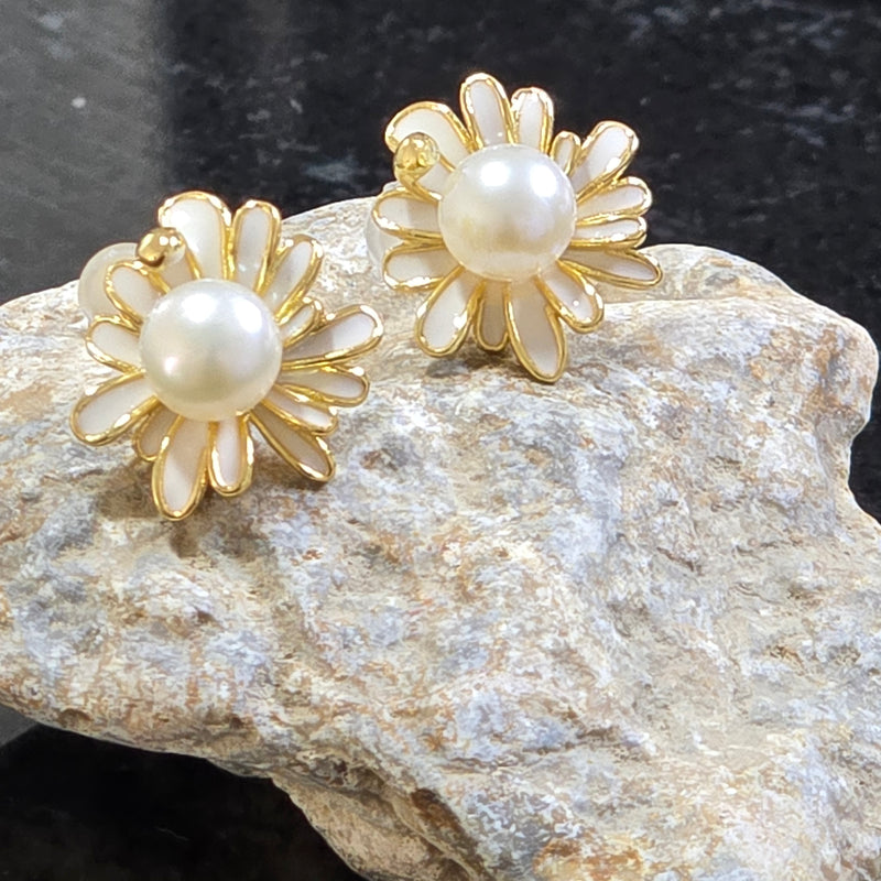 White Pearl Earrings with enamel daisy design