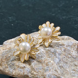White Pearl Earrings with enamel daisy design