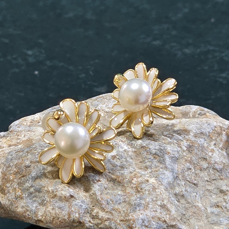 White Pearl Earrings with enamel daisy design