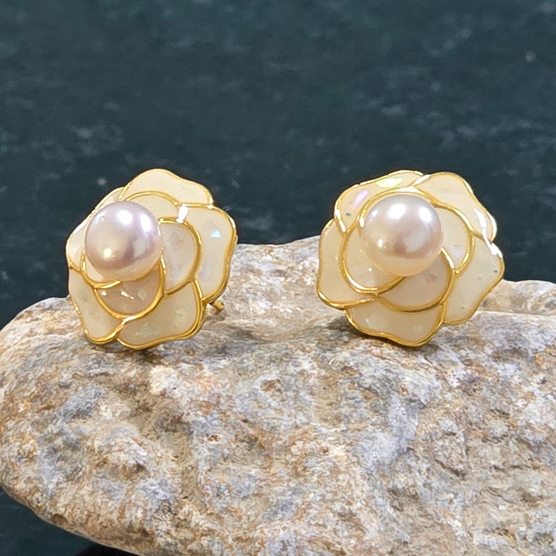 White Pearl Earrings with shell flower design