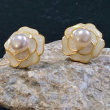 White Pearl Earrings with shell flower design