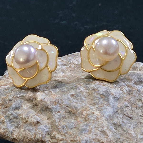 White Pearl Earrings with shell flower design