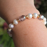 Adjustable White Pearl bracelet with Austrian crystal beads