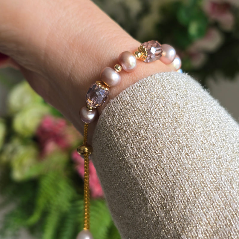 Adjustable Purple Pearl bracelet with Austrian crystal beads