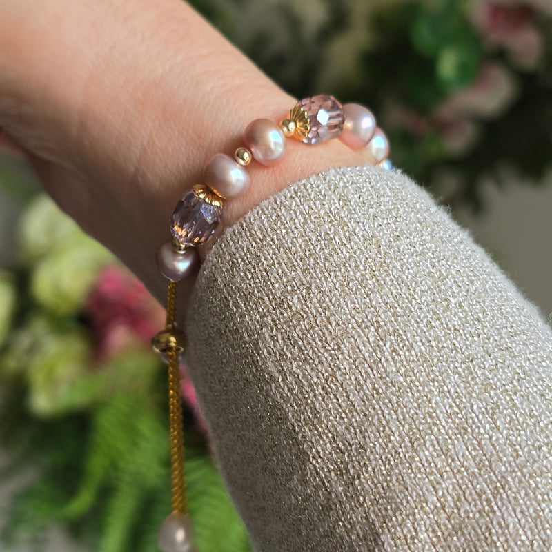 Adjustable Purple Pearl bracelet with Austrian crystal beads