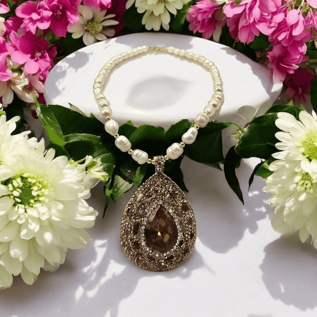 Elegant Necklace with Brown Austrian Crystal, Tourmaline, and Freshwater Pearls