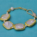 Elegant Bracelet with Square Shaped Flattened Pearls and Plated Gold