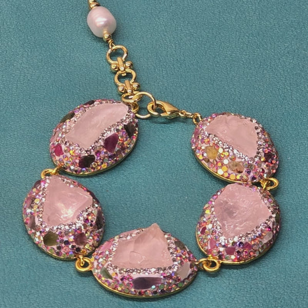 Rose Quartz, Austrian Crystals and  Tourmaline Statement Bracelet