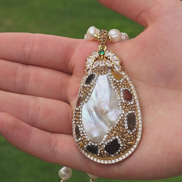 Elegant Necklace with Baroque Pearl, Austrian Crystals, Tourmaline, and Zirconia